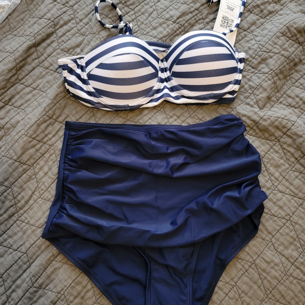 Blue and white bikini, high waist bottom, small